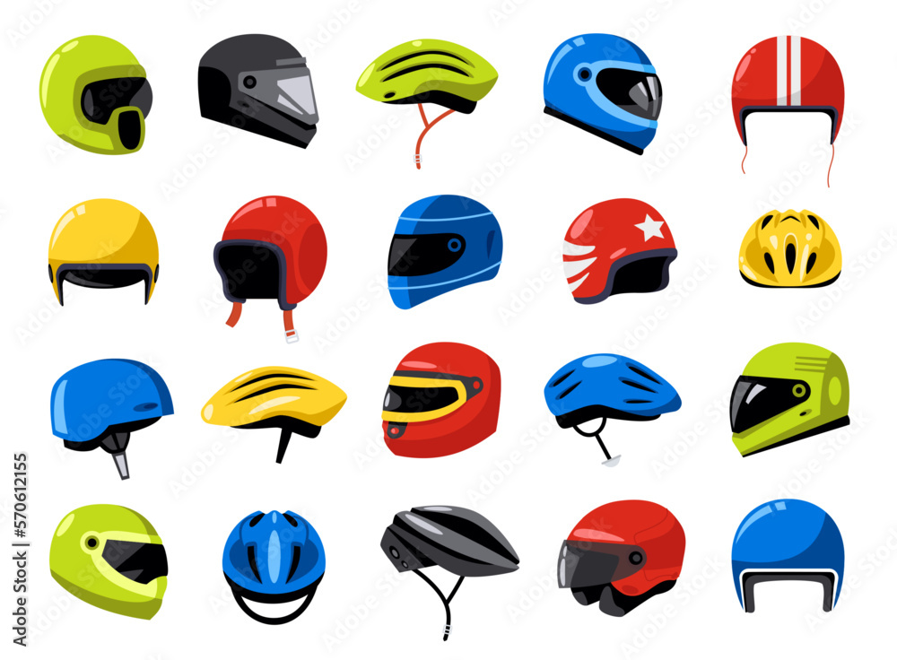 Motorcycle helmets. Racing headgear equipment for extreme motorcyclist driver motorbikes bicycle bik