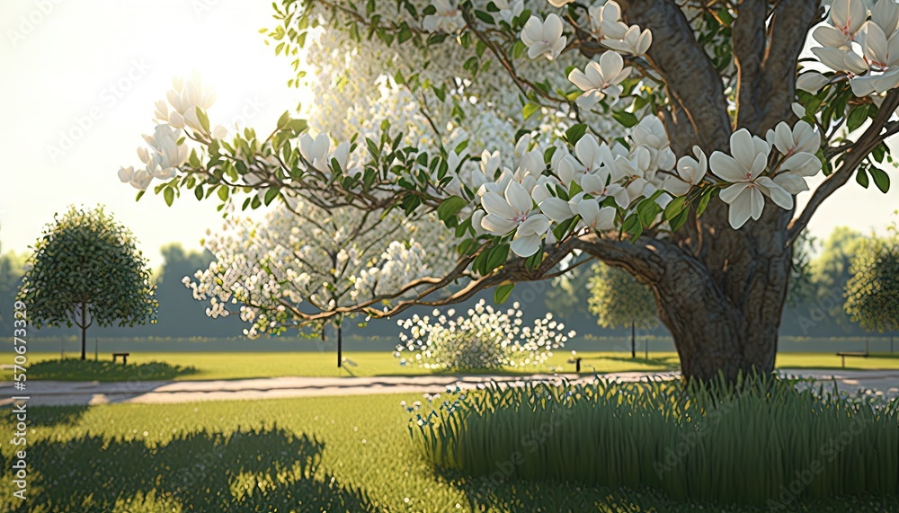  a large tree with white flowers in a grassy area next to a sidewalk and a sidewalk with a bench in 