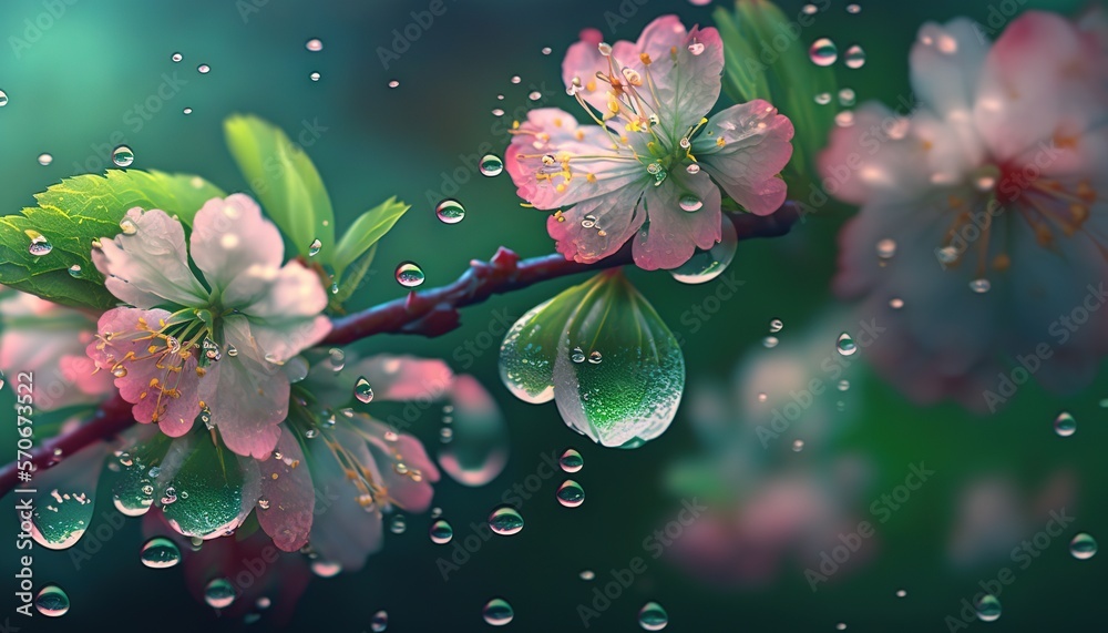  a close up of a flower on a branch with water droplets on it and a blurry background of green and p