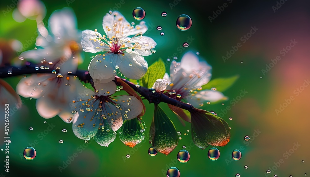  a close up of a flower with water droplets on the petals and a green background with a few drops of
