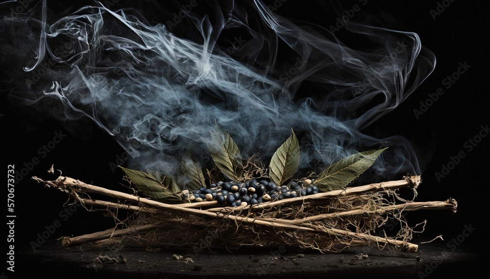  a bunch of smoke is coming out of a nest with berries and leaves on a black background with a black