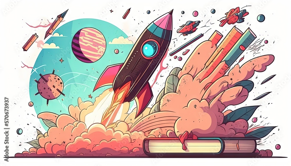  a book with a rocket flying out of it and a bunch of books flying out of the book with a rocket on 