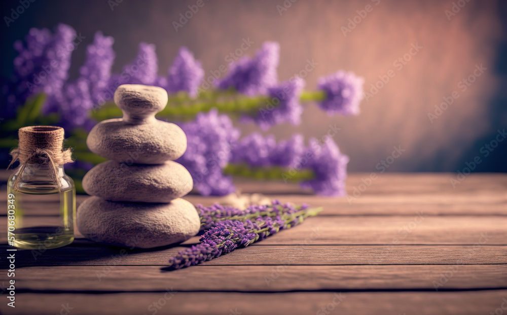 AI Generative image, spa lavender composition set in spa hotel , beauty wellness center . Spa produc
