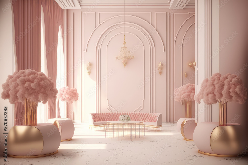 Modern living room interior design decorated in luxurious all pink color monochrome. Peculiar AI gen