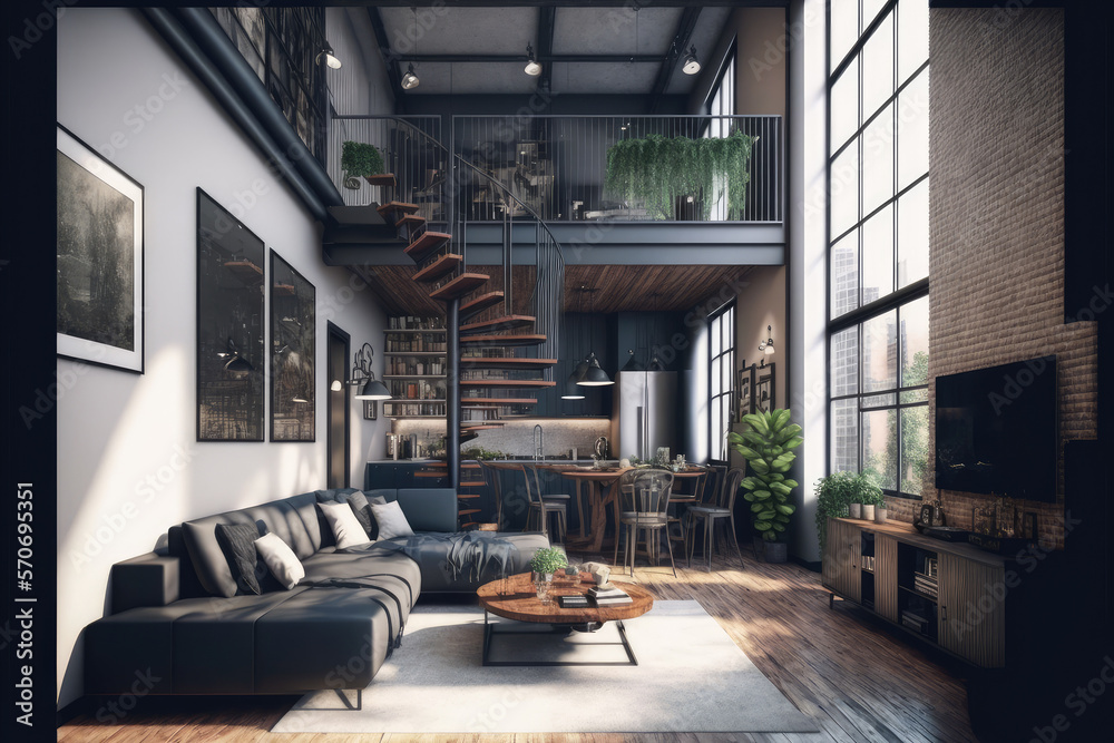 Luxury apartment decorated with industrial loft modern interior design. Peculiar AI generative image