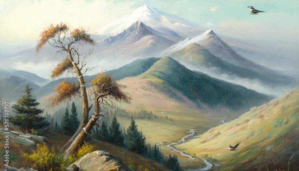  a painting of a mountain scene with a stream running through the valley and birds flying around the
