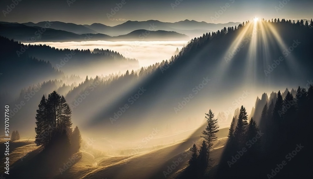  the sun shines through the fog in the mountains above a valley with pine trees in the foreground an