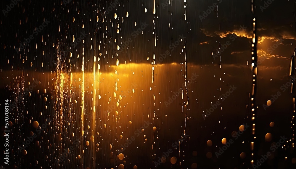  rain drops on a window as the sun sets in the distance in the distance is a dark sky with clouds an