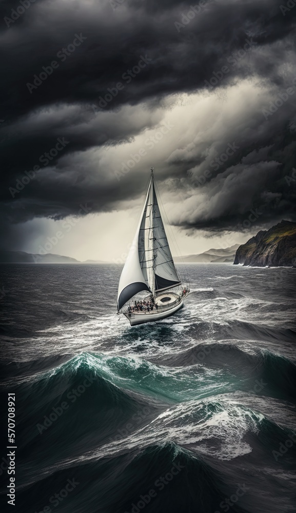  a sailboat in the middle of the ocean under a dark sky with storm clouds over the ocean and a cliff