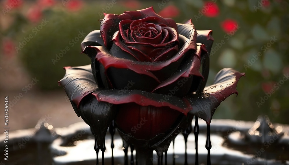  a red rose is dripping from a fountain with water running down its side and red flowers in the bac