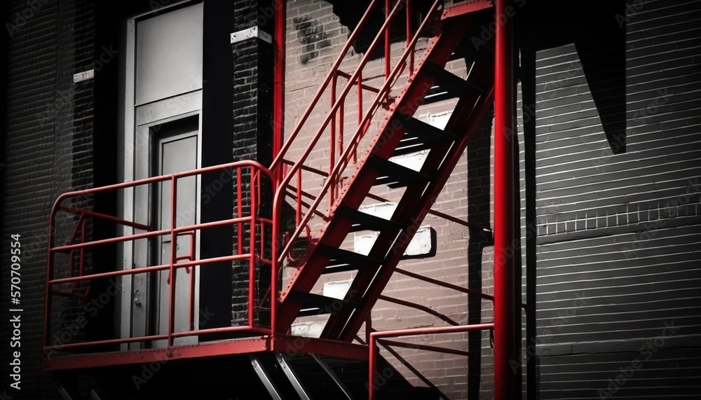  a red fire escape staircase next to a brick building with a door and window on the side of the buil