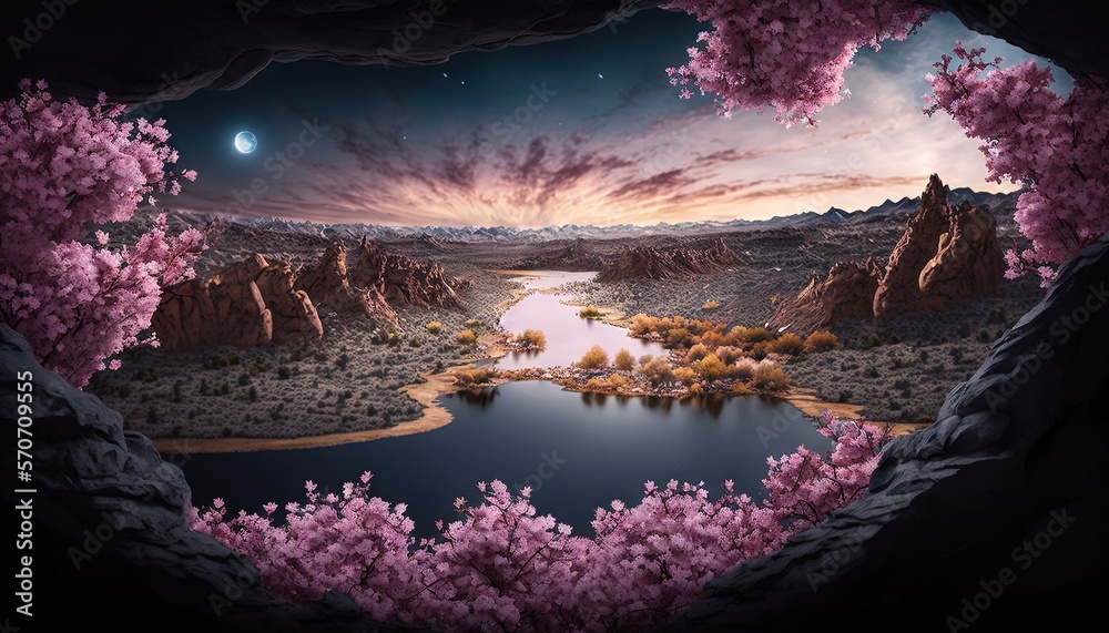  a view of a lake through a hole in a rock formation with pink flowers in the foreground and a full 