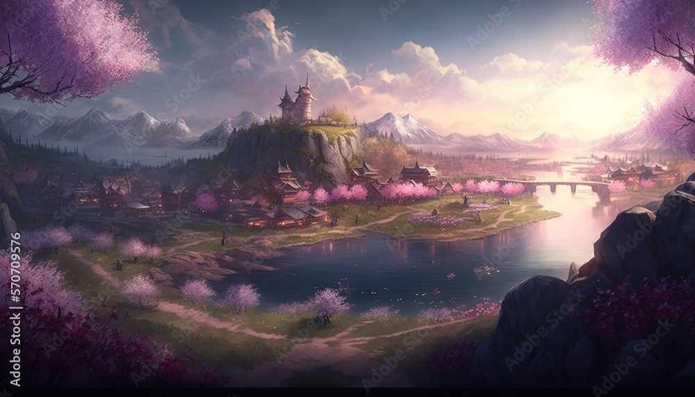 a painting of a fantasy landscape with a castle in the distance and a lake in the foreground with t