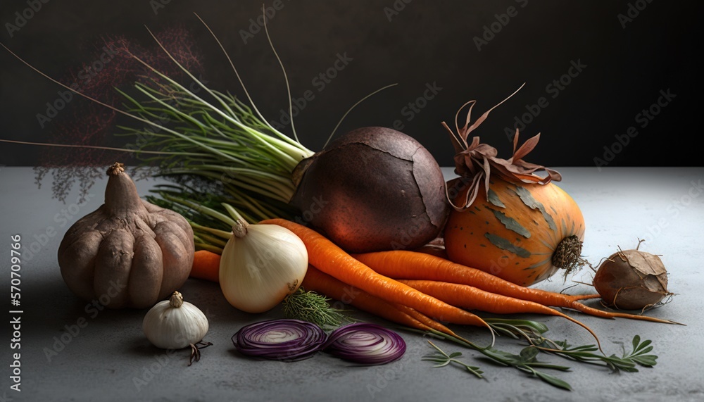  a bunch of vegetables that are laying on a table together, including onions, carrots, onions, and o