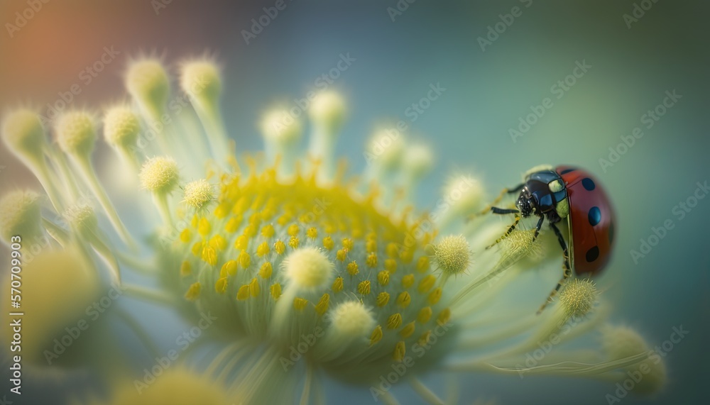  a lady bug sitting on top of a flower with yellow flowers in the foreground and a blue sky in the b