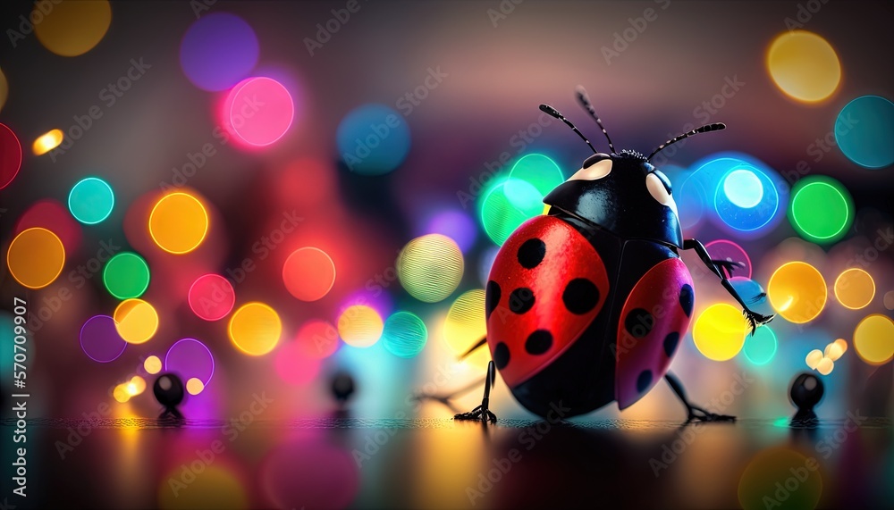  a lady bug sitting on top of a table next to a colorful light filled wall of blurry lights in the b