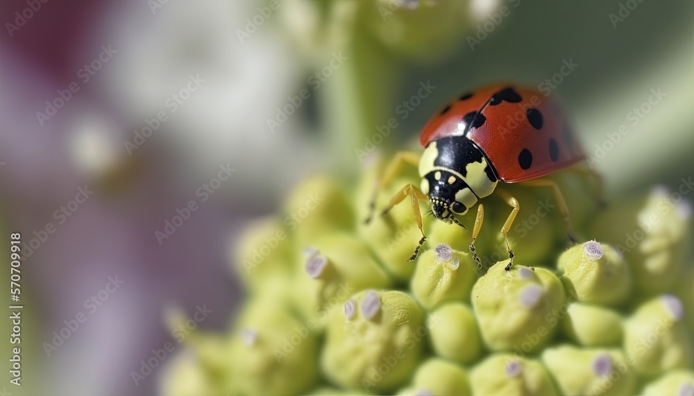  a ladybug sitting on top of a bunch of green bananas on a tree branch in a blurry photo of the frui