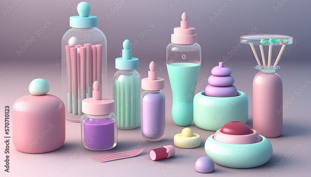  a collection of various bottles and containers on a gray surface with a pink and blue design on the