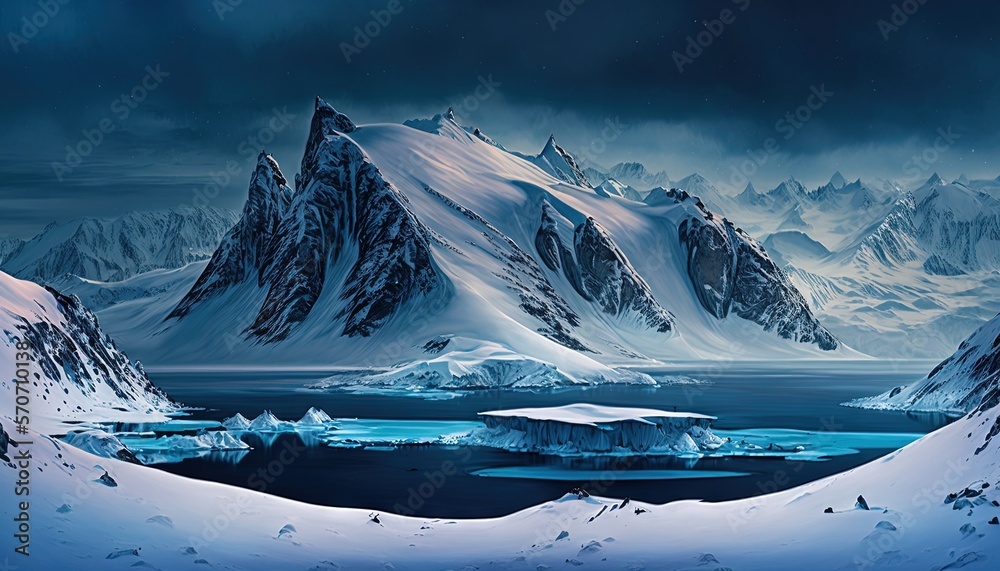  a painting of a snowy mountain range with icebergs in the foreground and a lake in the middle of th