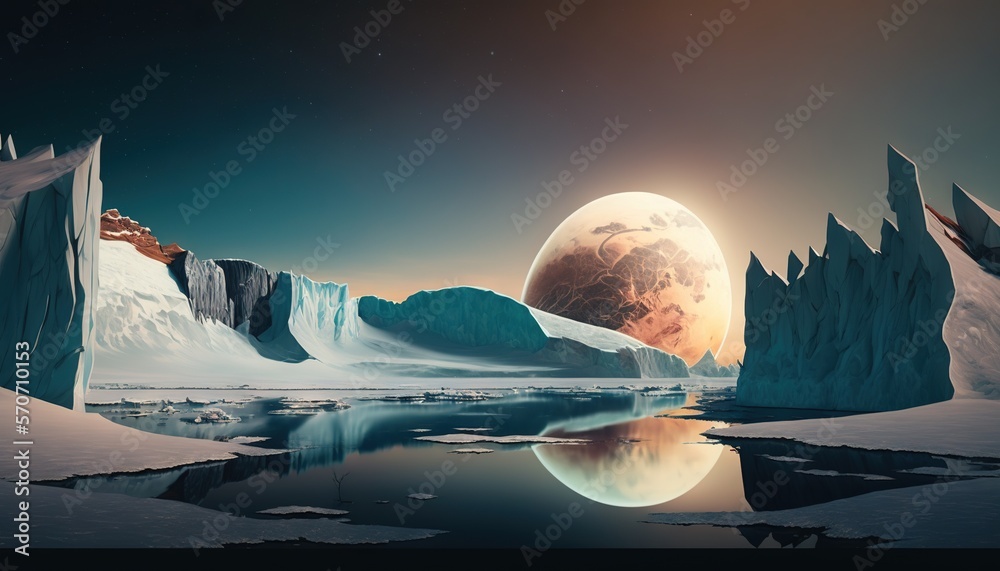  an iceberg floating in the ocean next to an iceberg with a giant moon in the sky above it and icebe