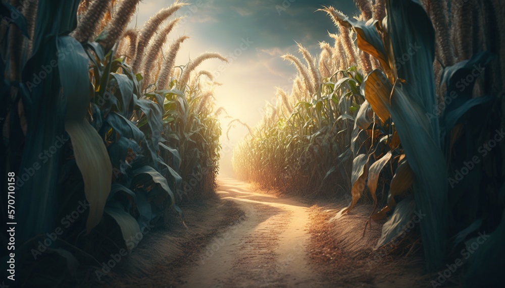  a painting of a corn field with the sun shining through the corn stalks on the right side of the pi