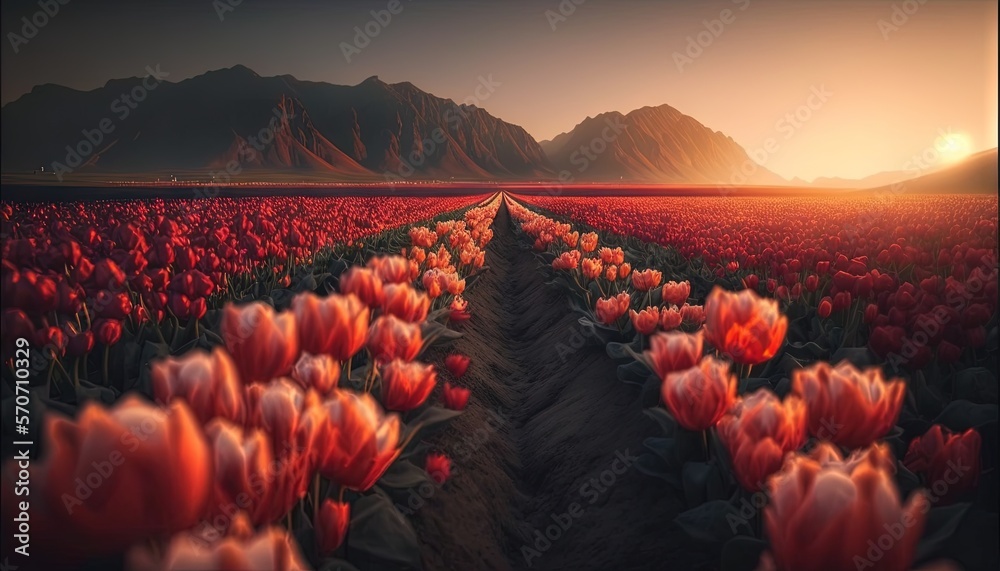  a field of red tulips with a sunset in the background and mountains in the distance, with a path le