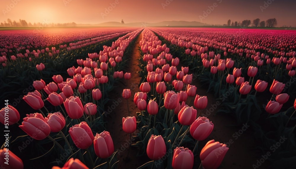  a large field of pink tulips with the sun setting in the distance in the distance is a field of gre