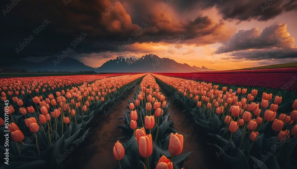  a painting of a field of tulips with a mountain in the background and a dark sky with clouds in the
