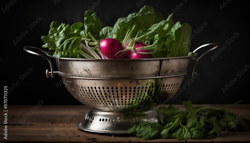  a metal colander filled with lots of green vegetables on a wooden table next to a leafy green leafy