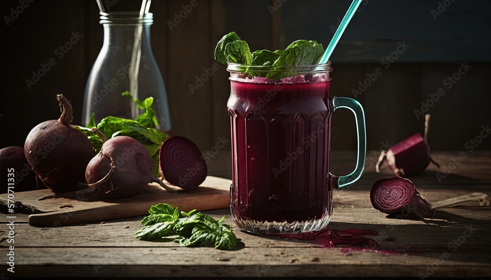  a glass of beet juice next to some beets on a cutting board with a blue straw and a green leafy lea