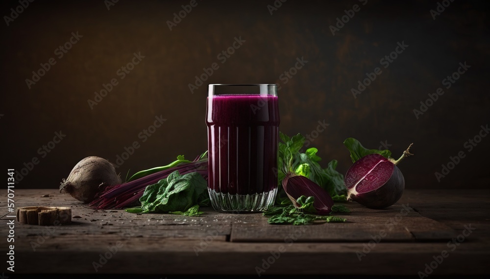  a glass of beet juice next to some beets on a wooden table with a bulb of beet next to it and a who