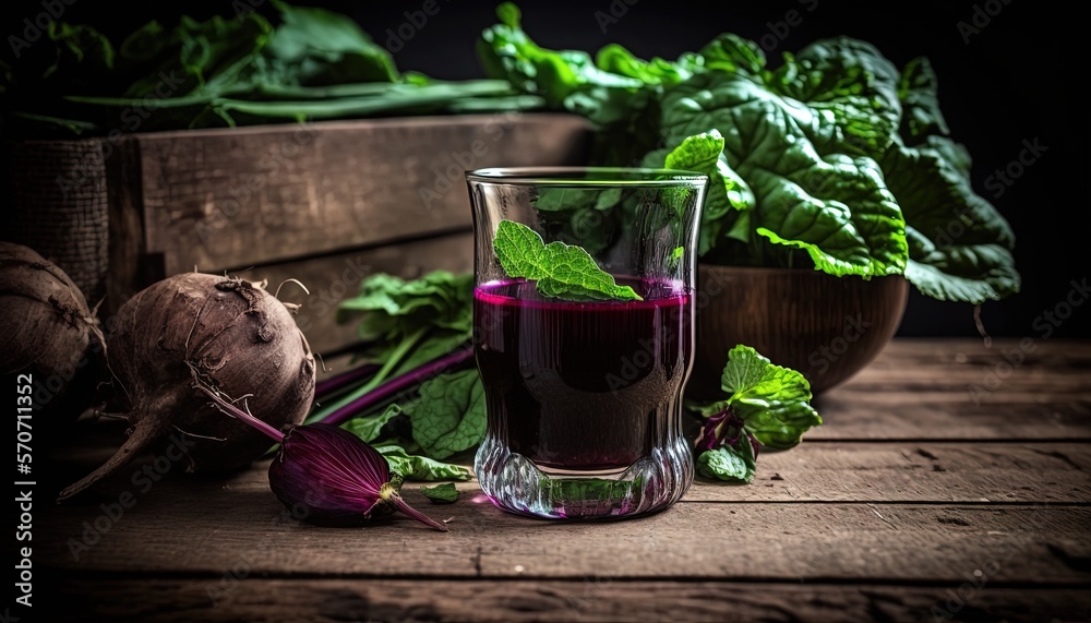  a glass of beet juice next to a bowl of beets and a spinach plant on a wooden table with a dark bac