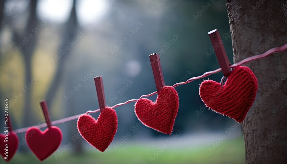  a string of red knitted hearts hanging from a tree in a park, with a blurry background of trees and