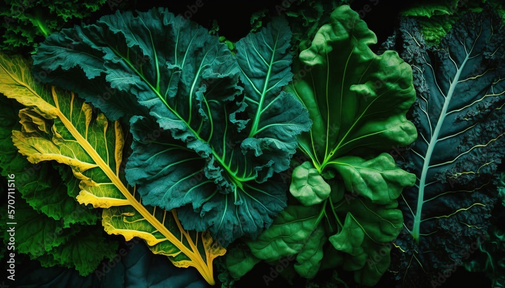  a group of green and yellow leafy vegetables on a black background with a green leafy plant in the 