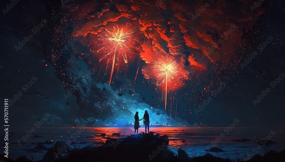  two people standing on a rock looking at fireworks in the sky above a body of water with rocks and 