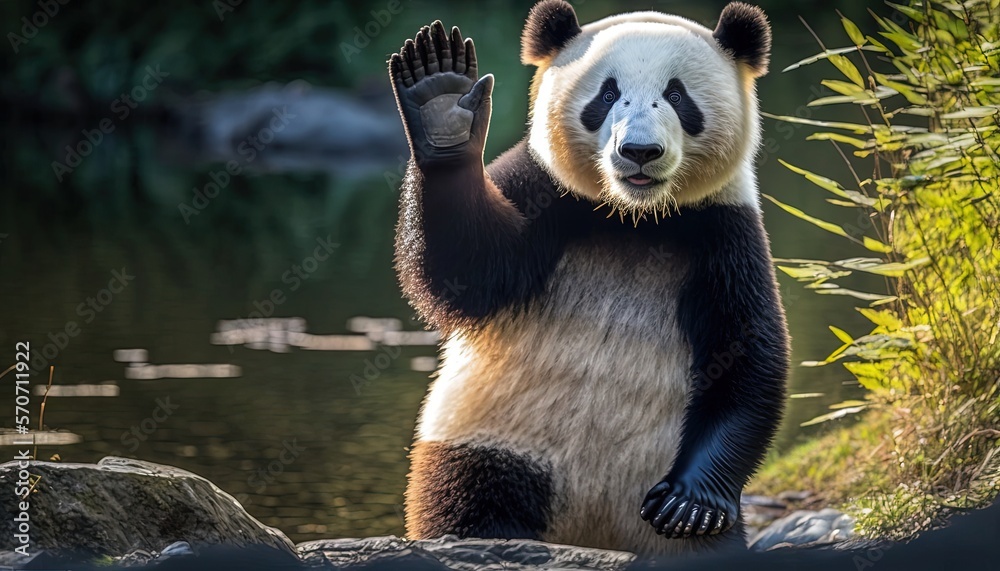  a panda bear standing on its hind legs in front of a body of water with its paws up in the air and 