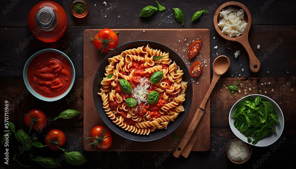  a bowl of pasta with tomatoes, basil, parmesan cheese and sauce on a cutting board with spoons and 