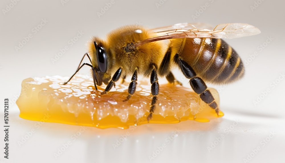  a honeybee on a piece of honey on a white surface with honey dripping from the top of the honeycomb