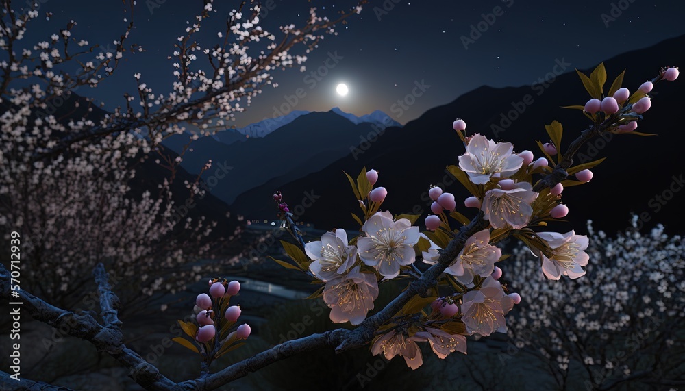  a full moon shines in the sky over a mountain range with blossoming trees in the foreground and a f