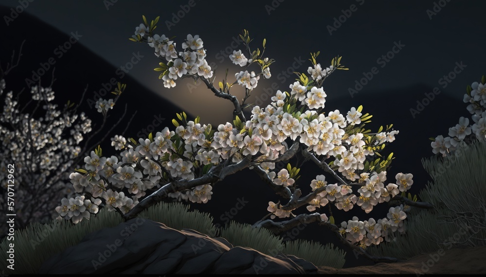  a painting of a tree with white flowers in the night sky with a full moon in the distance in the di