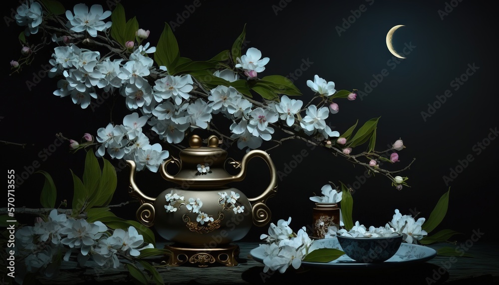  a teapot and a cup on a table with flowers and a half moon in the sky above it, with a dark backgro