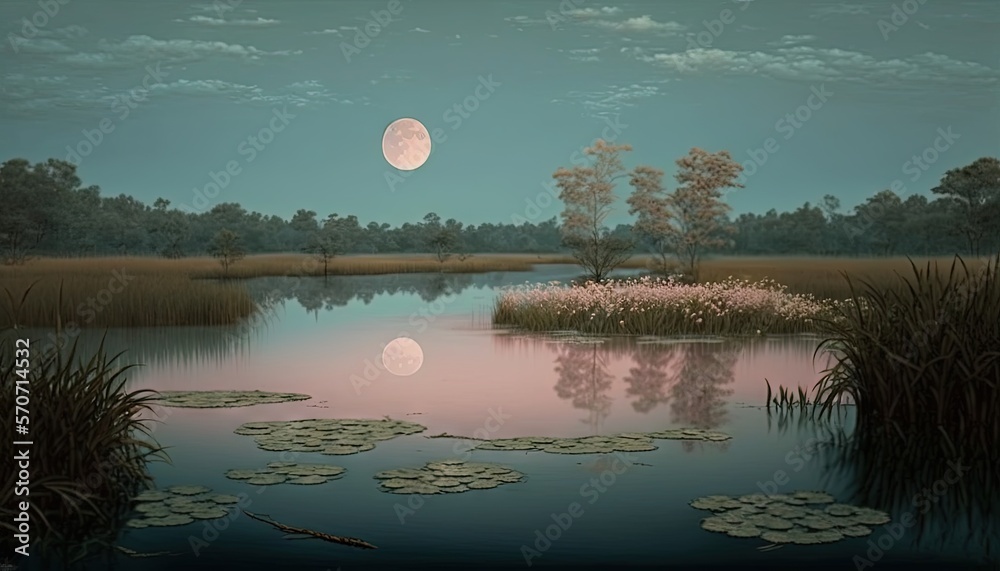  a painting of a pond with lily pads and a full moon in the sky above it and a few trees and bushes 