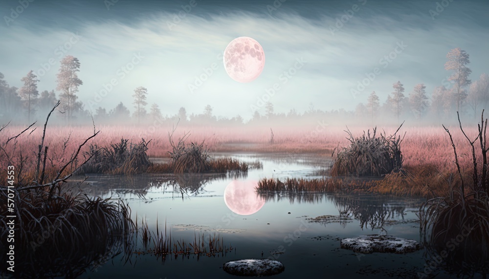  a painting of a swamp with a full moon in the sky above it and a swamp in the foreground with a few