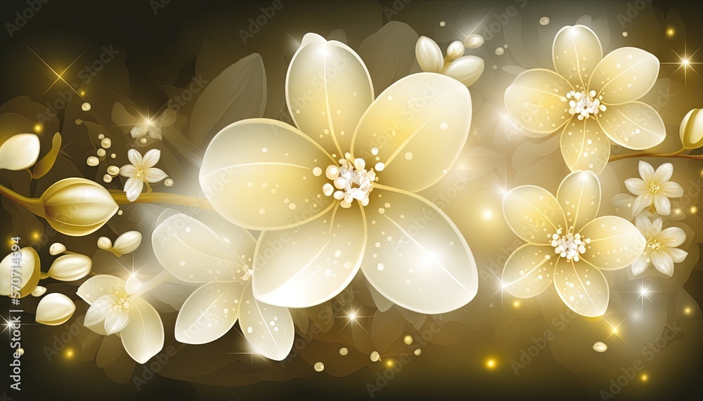  a floral background with white flowers and sparkles on a black background with a gold border and a 
