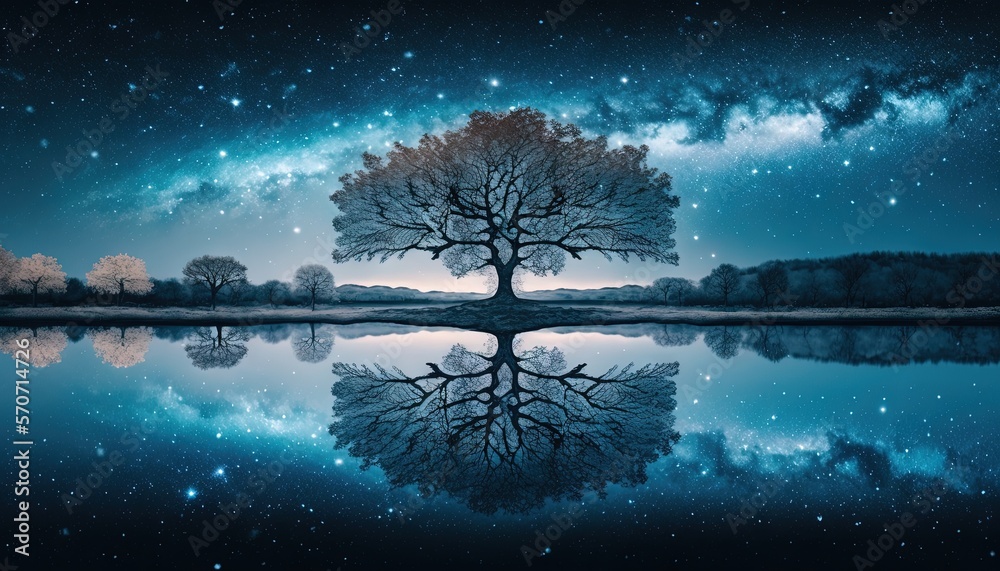  a lone tree is reflected in the still water of a lake under a night sky filled with stars and the m