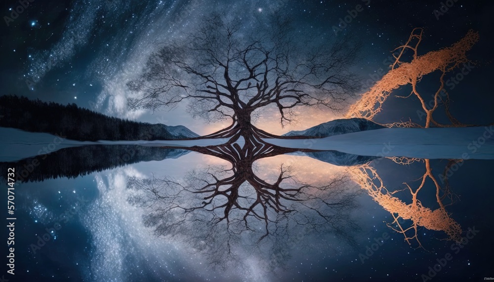  a tree is reflected in the water of a lake at night with stars in the sky and a mountain range in t