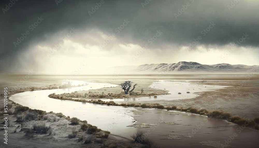  a river running through a dry grass covered field under a cloudy sky with mountains in the distance