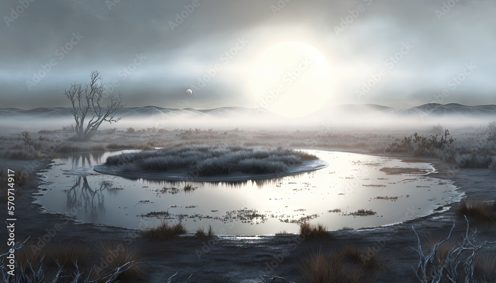  a painting of a lake surrounded by grass and trees with a sun in the sky behind it and a foggy sky 