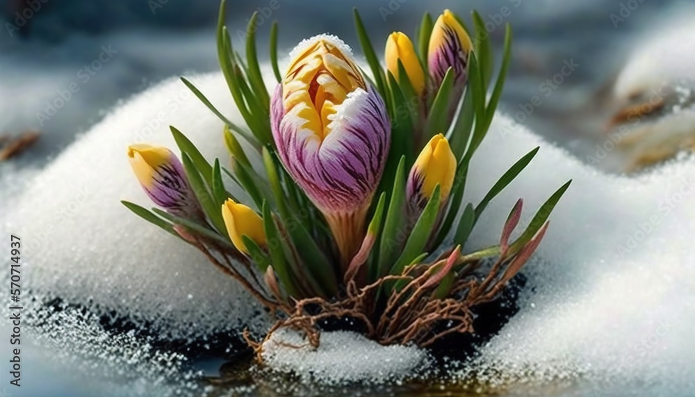  a bunch of flowers that are sitting in the snow on some snow covered rocks and grass in the snow an