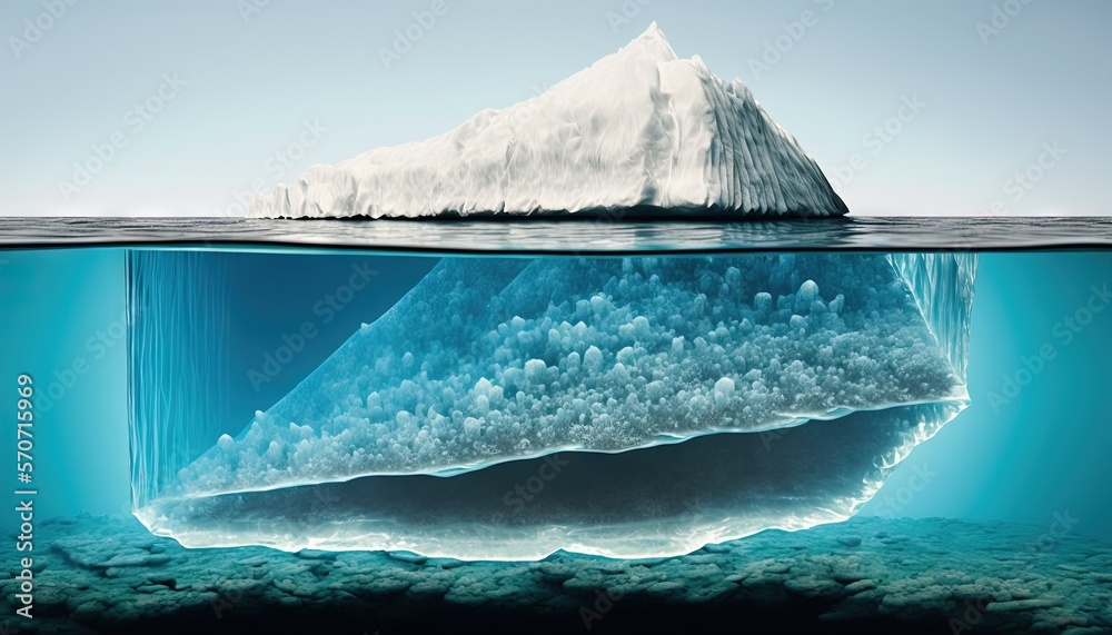  an iceberg floating in the ocean with a blue sky above and below it is an underwater view of the ic